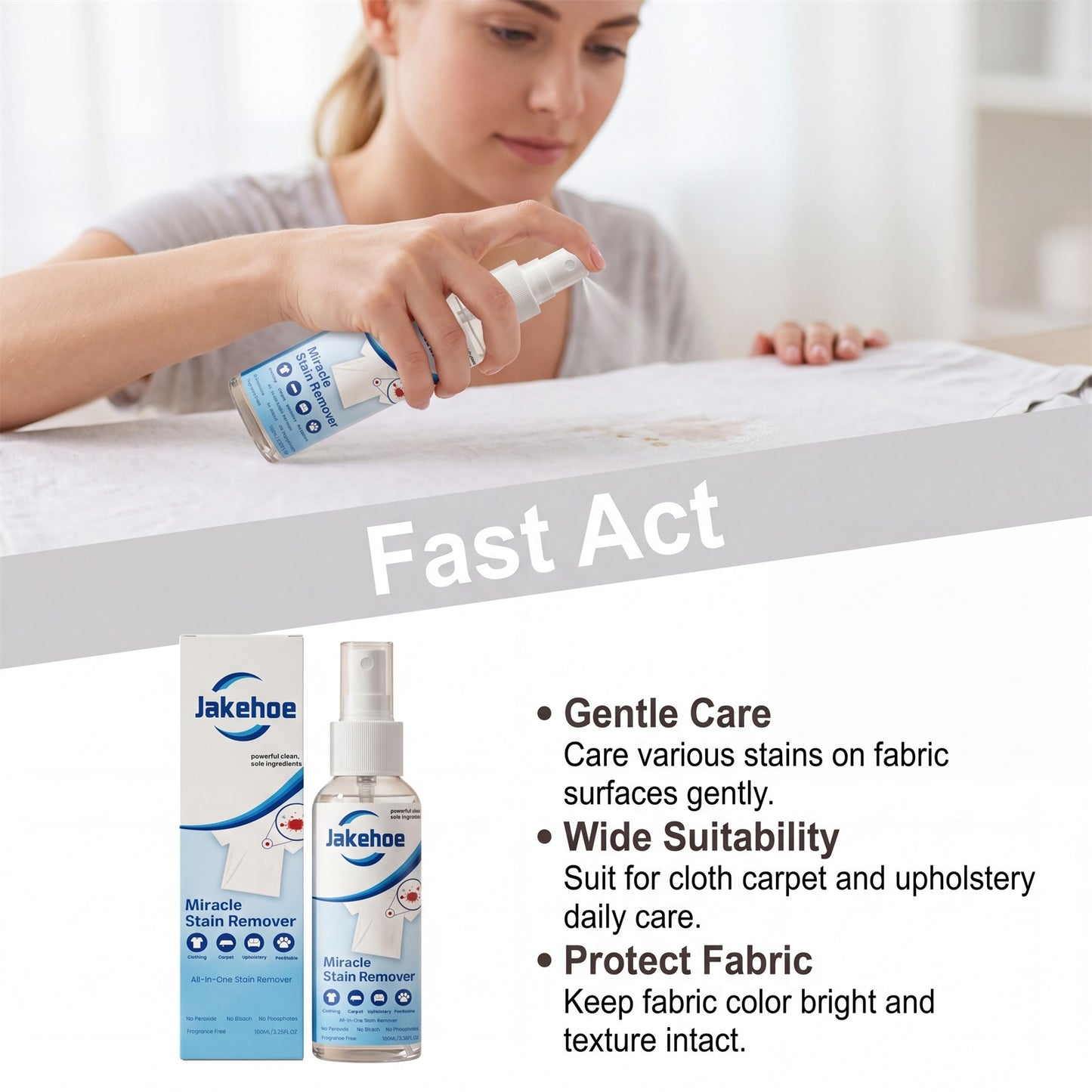 JAKEHOE Stain Remover Spray: Gently cleans stubborn stains on clothes, leaves a pleasant fragrance, and is easy to use.