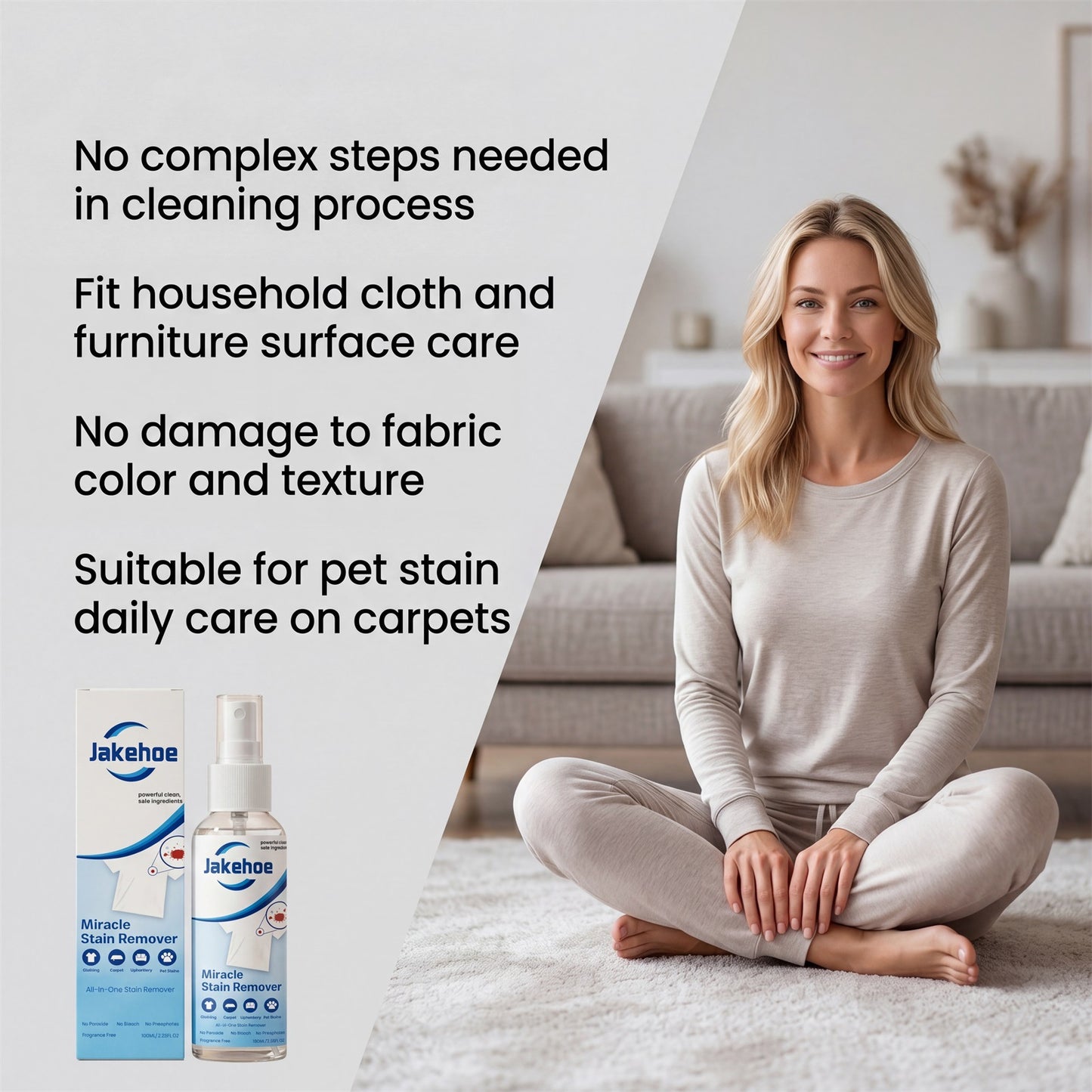 JAKEHOE Stain Remover Spray: Gently cleans stubborn stains on clothes, leaves a pleasant fragrance, and is easy to use.